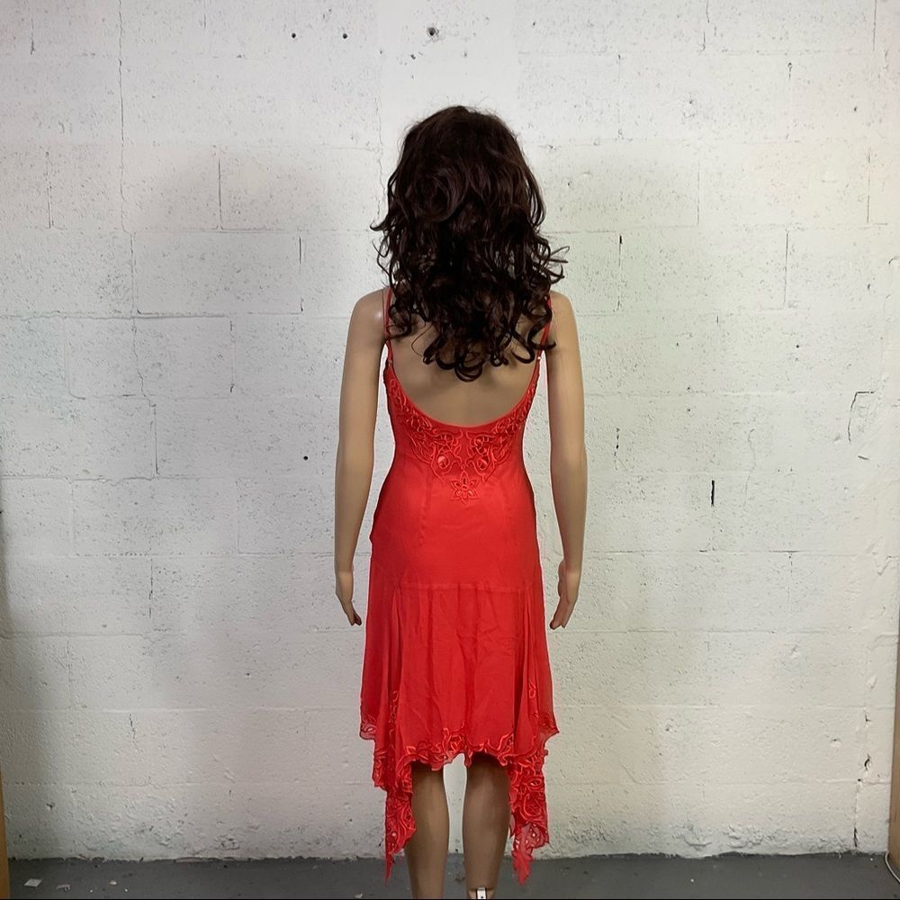 Sue Wong Orange Lace Sleeveless Asymmetrical Silk Babydoll Slip Midi Dress 4 - Picture 7 of 9